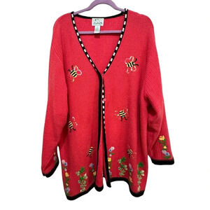 The Quacker Factory Bumble Bees Embroidered Cardigan Sweater Size 2X